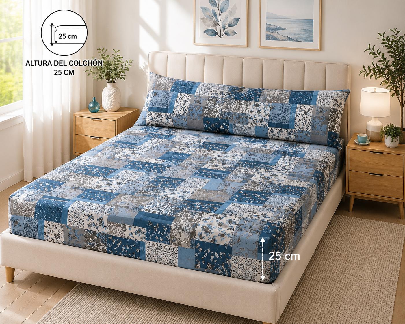 Blue Patchwork Fitted Sheet – 100% Polyester | Soft & Wrinkle Resistant 3 Pieces