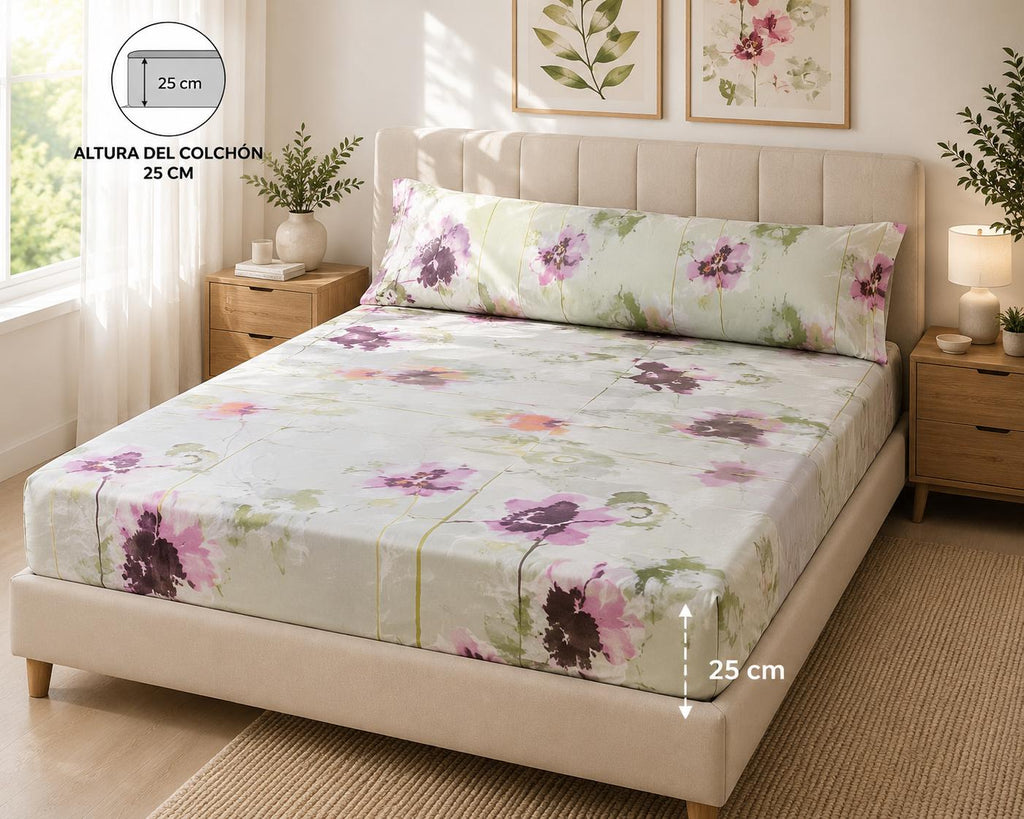 Floral Fitted Sheet – White, Pink & Green | 100% Polyester 3 Pieces