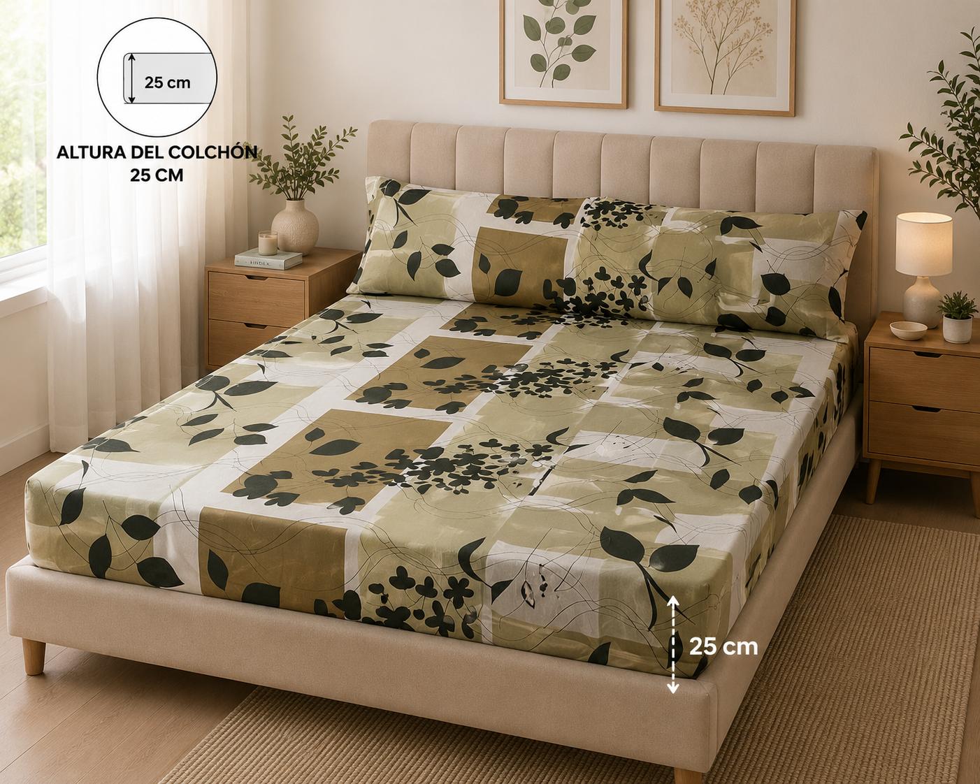 Leaf Patchwork Fitted Sheet – Beige, Olive Green & Black | 100% Polyester 3 Pieces