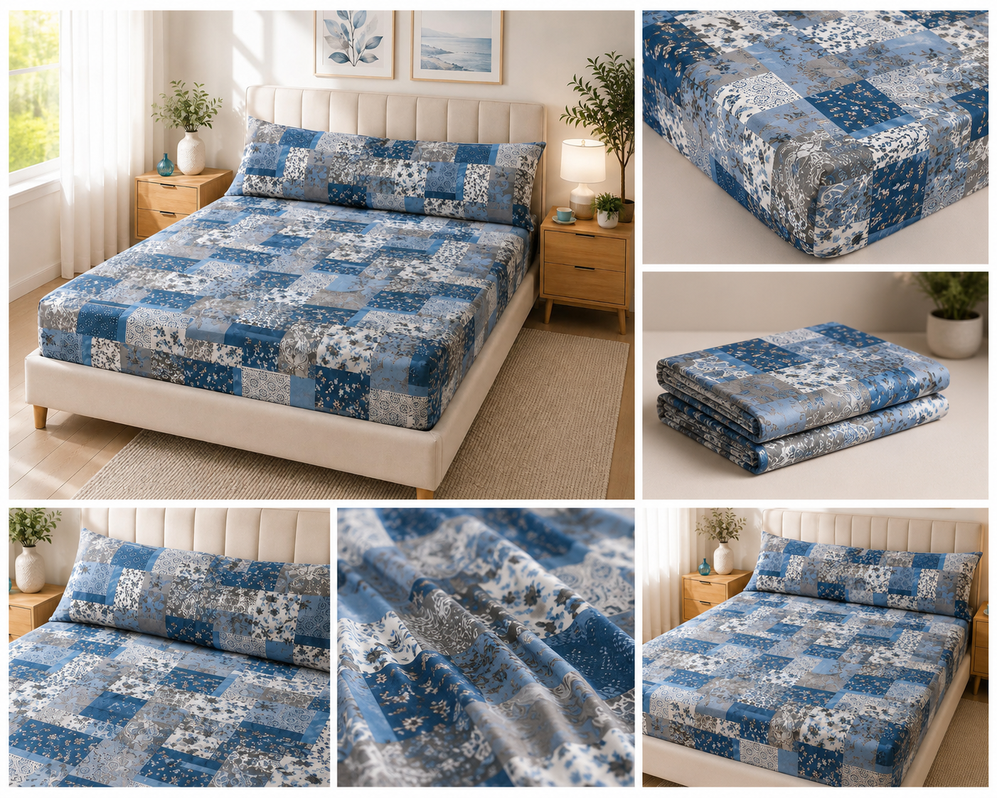 Blue Patchwork Fitted Sheet – 100% Polyester | Soft & Wrinkle Resistant 3 Pieces