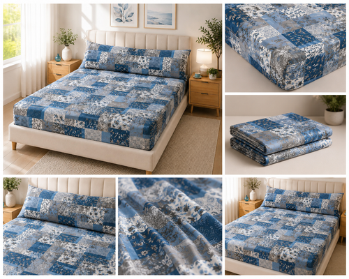 Blue Patchwork Fitted Sheet – 100% Polyester | Soft & Wrinkle Resistant 3 Pieces
