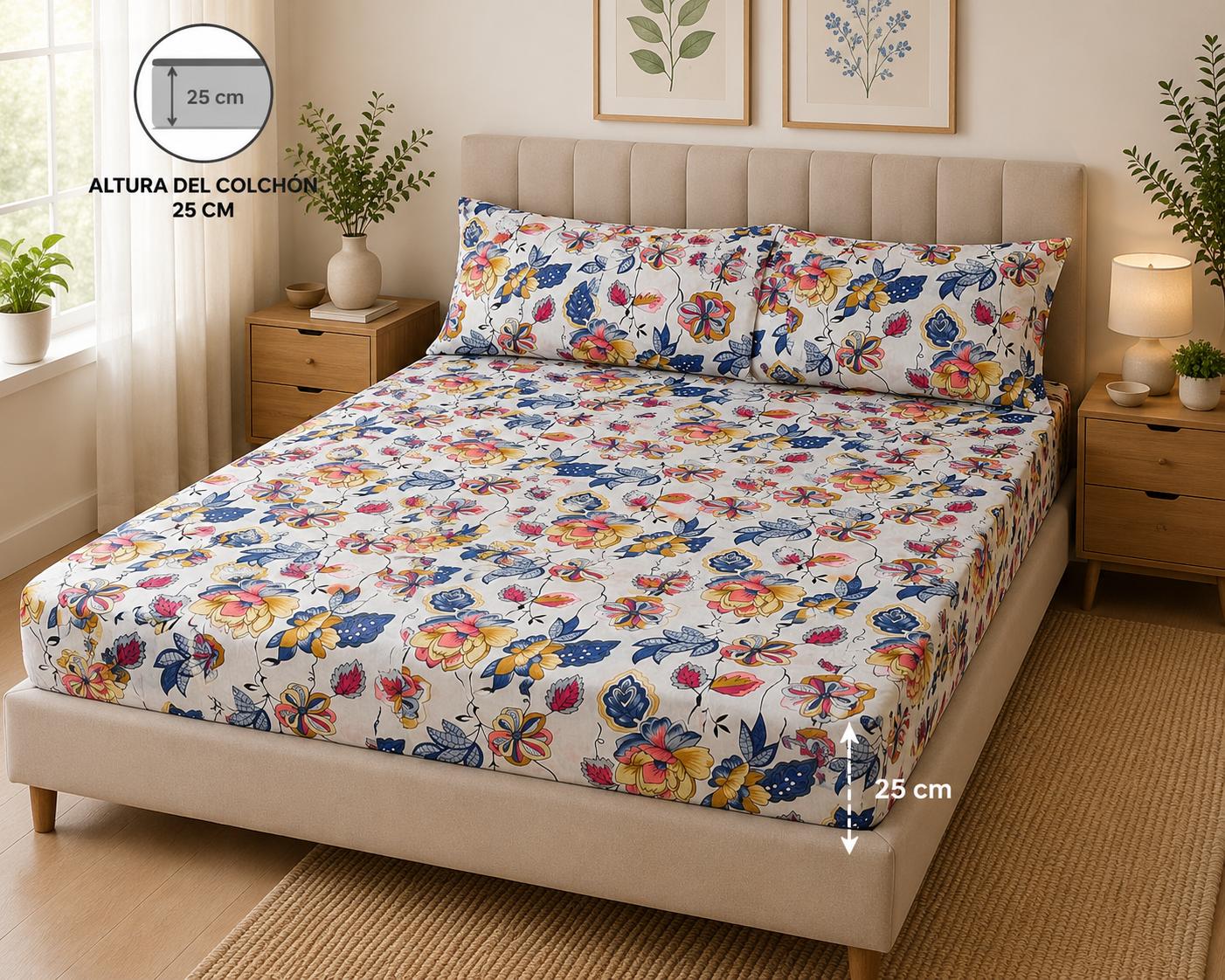 Vibrant Botanical Floral Fitted Sheet - Multicolor / White 3 pieces Blue, Magenta, Yellow, White