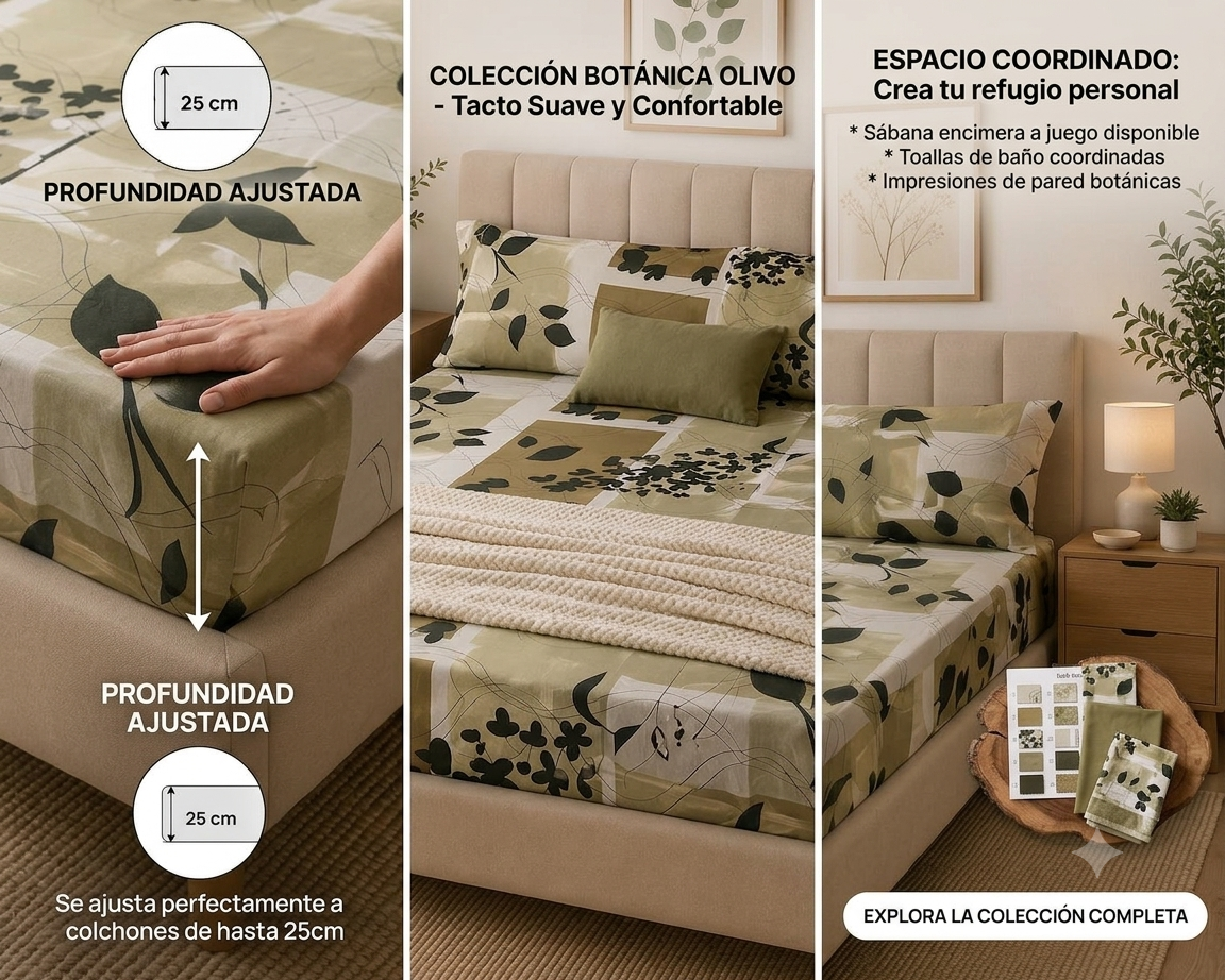 Leaf Patchwork Fitted Sheet – Beige, Olive Green & Black | 100% Polyester 3 Pieces