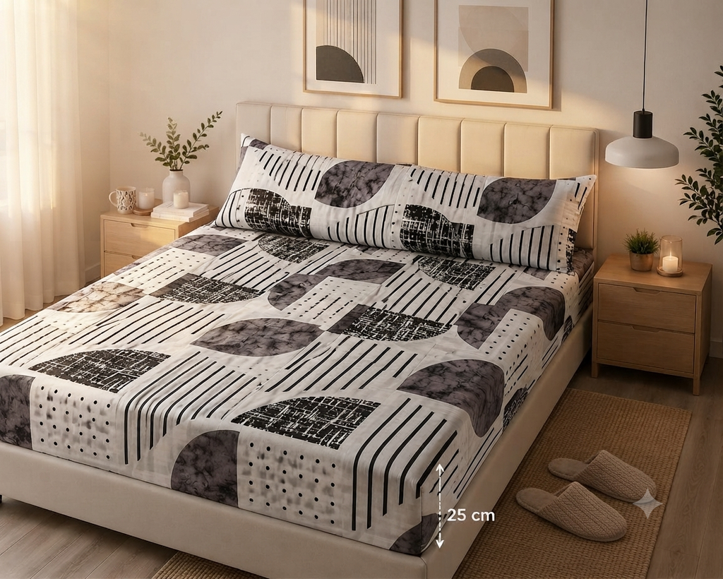 Modern Geometric Bedding Set / Fitted Sheet Set 3 Pieces 
Monochromatic (Black, White, and Charcoal Gray)