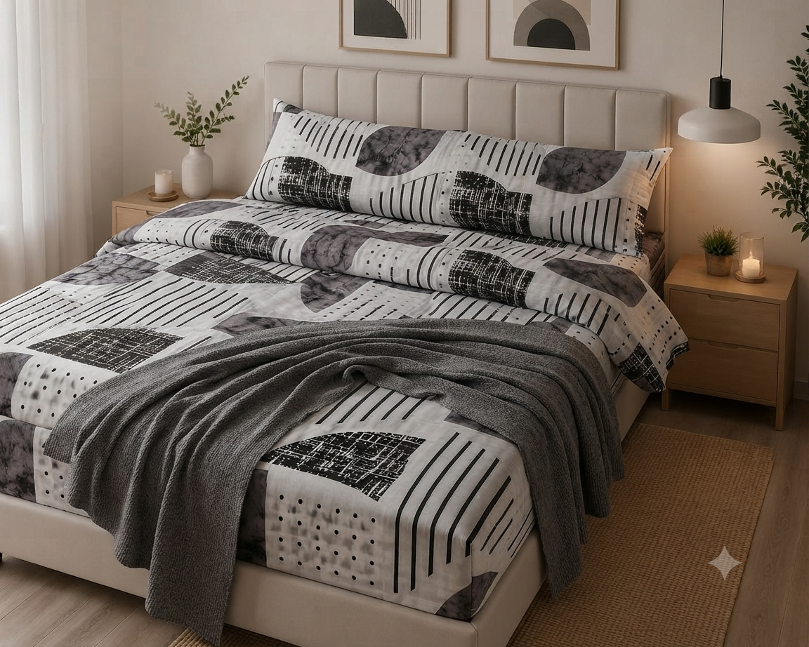 Modern Geometric Bedding Set / Fitted Sheet Set 3 Pieces 
Monochromatic (Black, White, and Charcoal Gray)