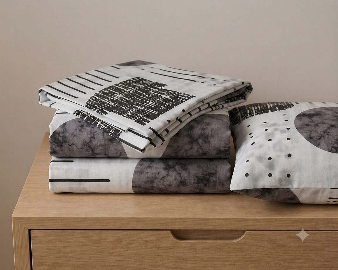Modern Geometric Bedding Set / Fitted Sheet Set 3 Pieces 
Monochromatic (Black, White, and Charcoal Gray)