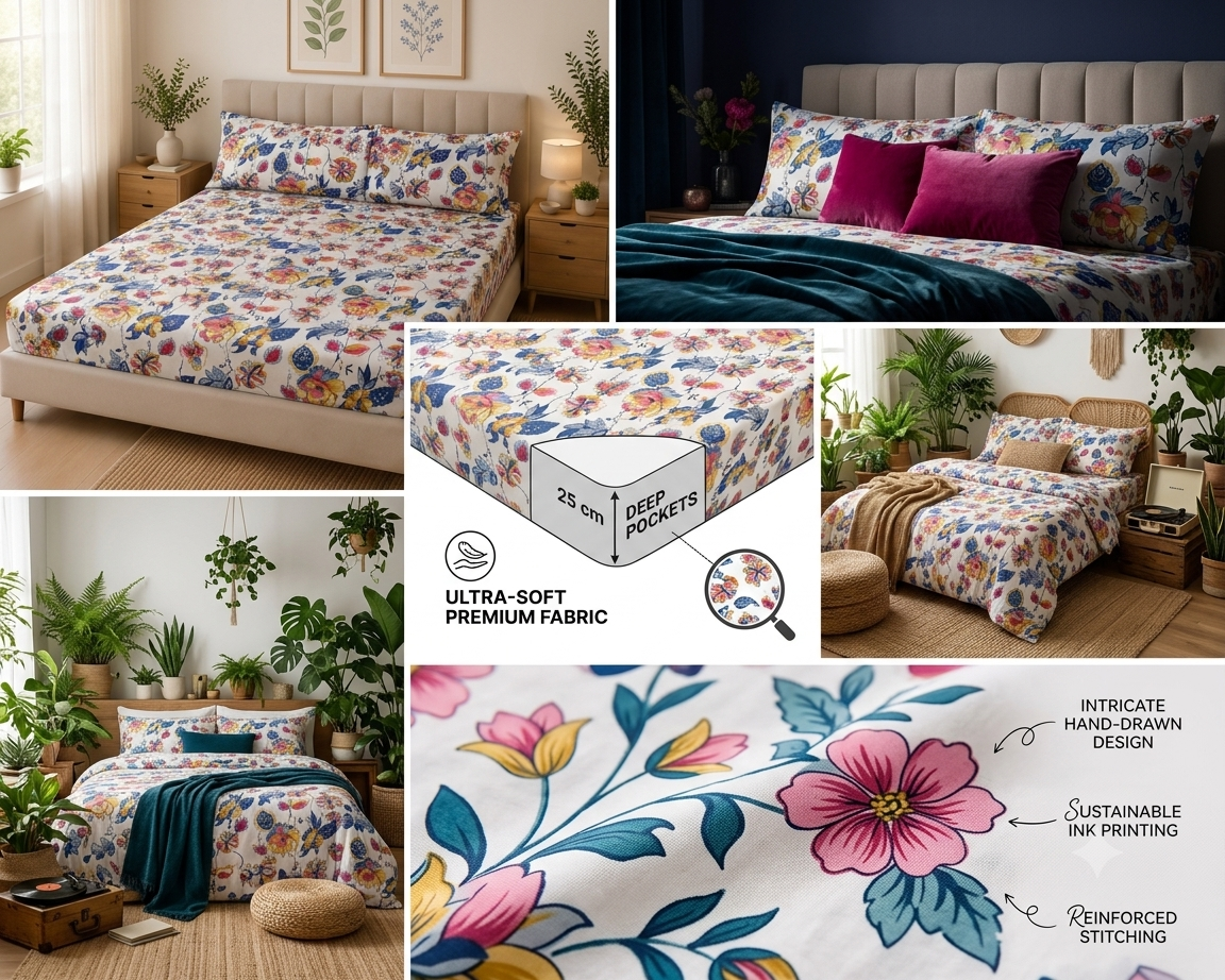 Vibrant Botanical Floral Fitted Sheet - Multicolor / White 3 pieces Blue, Magenta, Yellow, White
